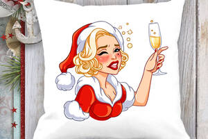 Подушка с новогодним принтом Мэрилин Монро с шампанским Белый Кавун П003687
