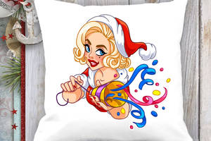 Подушка с новогодним принтом Мэрилин Монро в новогоднем костюме и хлопушка Белый Кавун П003677