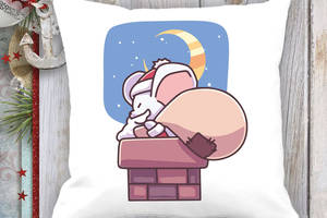 Подушка с новогодним принтом Мышонок с мешком у дымохода Белый Кавун П003716