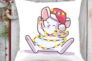 Подушка с новогодним принтом Мышонок в гирлянде Белый Кавун П003709