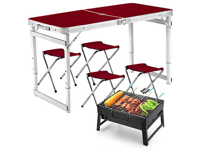 Раскладной стол усиленный с зонтом Easy Campi 1.8м для пикника со стульями в чемодане складной стол и 4 стула Коричне...