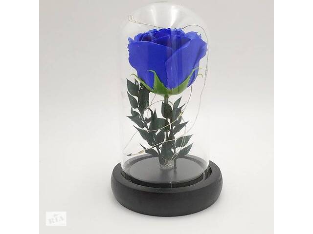 Роза в колбе под стеклянным куполом яркая с подсветкой Rose of Love LED вечная роза 16см Blue + Кулон