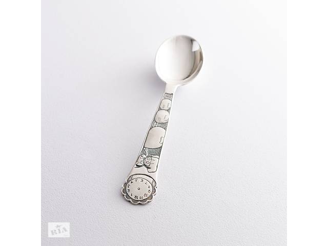 Серебряная чайная ложка Часы. Девочка с шариками (метрика рождения) 24043 Оникс