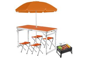 Складной туристический усиленный стол Easy Campi с зонтом 1.8м и 4 складных стула для пикника в чемодане Оранжевый +...
