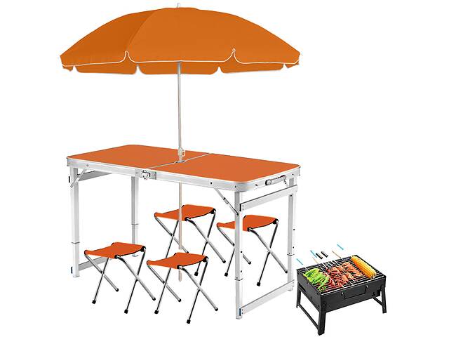 Складной туристический усиленный стол Easy Campi с зонтом 1.8м и 4 складных стула для пикника в чемодане Оранжевый +...