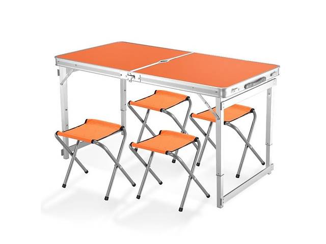 Складной туристический усиленный стол Easy Campi и 4 складных стула для пикника в чемодане Оранжевый + Складной фонар...