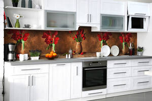 Наклейка на скинали Zatarga на кухню «Букеты красных тюльпанов» 600х2500 мм виниловая 3Д наклейка кухонный фартук