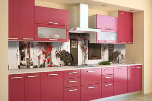 Наклейка на скинали Zatarga на кухню «Красные Цветы на белых стенах» 600х2500 мм виниловая 3Д наклейка кухонный фарту...