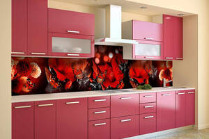 Наклейка на скинали Zatarga на кухню «Красные цветы и бабочки мотыльки» 650х2500 мм виниловая 3Д наклейка кухонный фа...