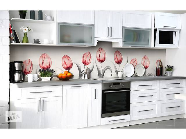 Наклейка на скинали Zatarga на кухню «Нарисованные тюльпаны» 600х2500 мм виниловая 3Д наклейка кухонный фартук