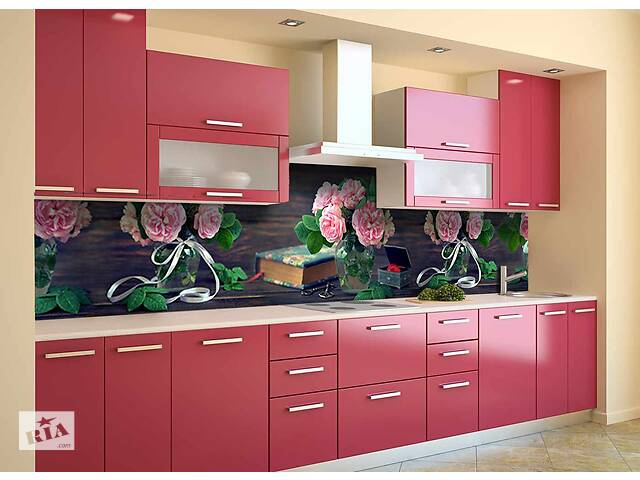 Наклейка на скинали Zatarga на кухню «Розовые Розы 3Д» 600х2500 мм виниловая 3Д наклейка кухонный фартук самоклеящаяс...