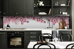 Наклейка на скинали Zatarga на кухню «Розовые цветы Вишни» 600х2500 мм виниловая 3Д наклейка кухонный фартук самоклея...