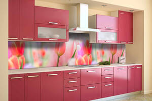 Наклейка на скинали Zatarga на кухню «Розовые Тюльпаны» 650х2500 мм виниловая 3Д наклейка кухонный фартук самоклеящая...