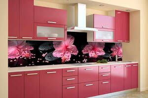 Наклейка на скинали Zatarga на кухню «Розовый гибискус Жемчуг» 600х3000 мм виниловая 3Д наклейка кухонный фартук Z180...