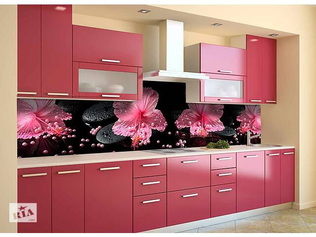 Наклейка на скіналі Zatarga на кухню «Рожевий гібіскус Перли» 650х2500 мм вінілова 3Д наклейка кухонний фартух Z180.