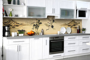 Наклейка на скинали Zatarga на кухню «Японские журавли» 600х3000 мм виниловая 3Д наклейка кухонный фартук самоклеящаяся