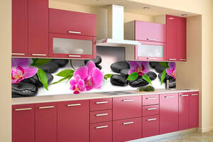 Наклейка на скинали Zatarga на кухню «Яркие орхидеи на гладких камнях» 600х2500 мм виниловая 3Д наклейка кухонный фар...