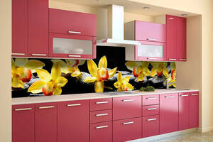 Наклейка на скинали Zatarga на кухню «Желтые Орхидеи на черных камнях» 600х2500 мм виниловая 3Д наклейка кухонный фар...