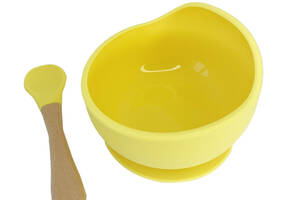 Силіконова тарілка на присосці з дерев'яною ложкою MGZ-0103(Yellow) 300 мл