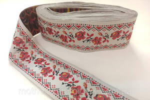 Тесьма декоративна з українським орнаментом 'Маки' У мотку 9 м. червона 3 см(30 мм), стрічка, текстиль,