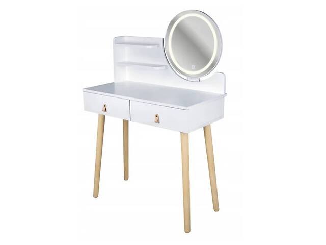 Туалетный столик Jumi Scandi на 2 ящика с зеркалом (кожаные ручки) и LED подсветкой белый