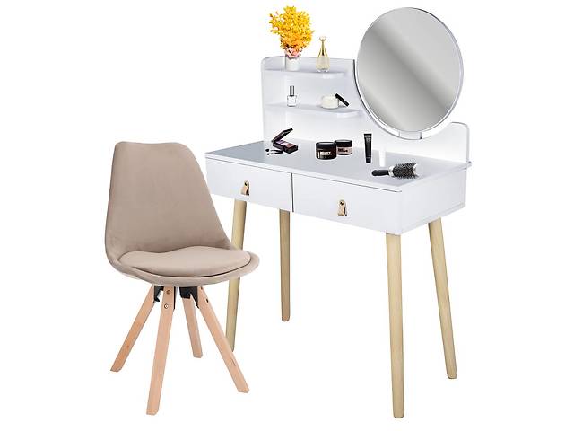 Туалетный столик Jumi Scandi с зеркалом кожаные ручки + стул Saida бежевый