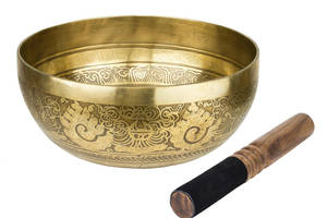 Тибетская поющая чаша Singing bowl Мантра и пламя снаружи Раковина внутри Холодная ковка 24/24/10,8 см Бронзовый (27414)