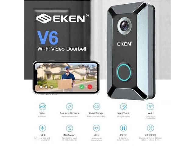 Умный дверной звонок с камерой Wi-Fi Eken V6 HD + внутренний звонок