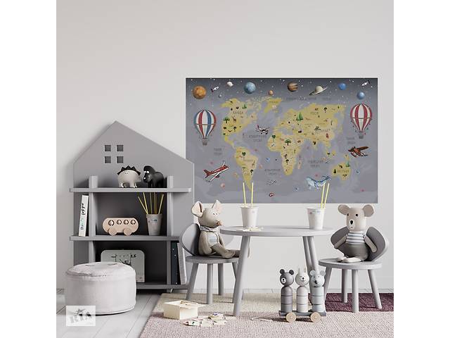 Виниловая интерьерная наклейка декор на стену 'Карта мира на украинском языке с планетами' 94х60 см Кавун разноцветны...