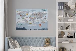 Виниловая интерьерная наклейка декор на стену 'Карта мира на украинском языке с животными и самолетами' разноцветный...