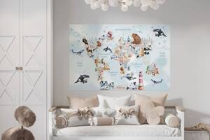 Виниловая интерьерная наклейка декор на стену 'Карта мира на украинском языке с животными и рыбками' разноцветный НС0...