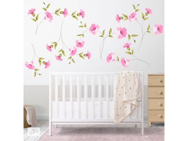 Виниловая интерьерная наклейка декор на стену обои и другие поверхности Розовые цветы с листьями Кавун 100х60 см