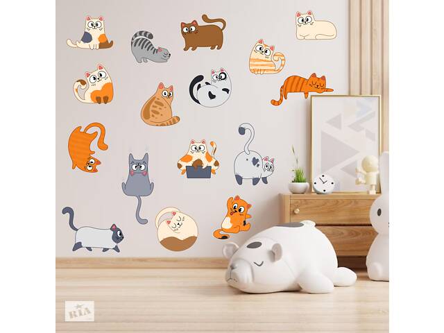 Виниловая интерьерная наклейка декор на стену обои и другие поверхности Цветные Коты в разных позах Кавун 100х60 см