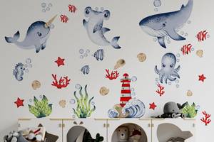 Виниловая интерьерная наклейка декор на стену обои и другие поверхности 'Подводный мир. Кит дельфин' Кавун 180х120 см...