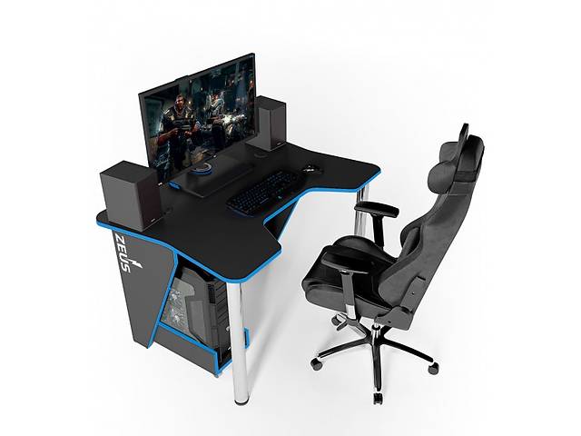 Игровой стол ZEUS IGROK-3L, черный/синий с LED подсветкой