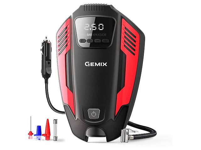 Автокомпресор GEMIX Model E black/red поршневий, цифровий манометр, функція AUTOSTOP, ліхтарик, 35 л/хв