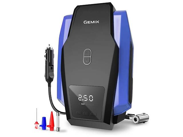 Автокомпресор GEMIX Model G black/blue поршневий з сумкою, цифровий манометр, функція AUTOSTOP, ліхтарик, 35 л/хв