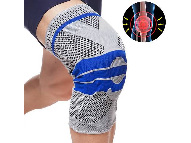 Бандаж для колена Серо-Синий (р.М), фиксатор коленного сустава, наколенник эластичный с ребрами жесткости (NS)