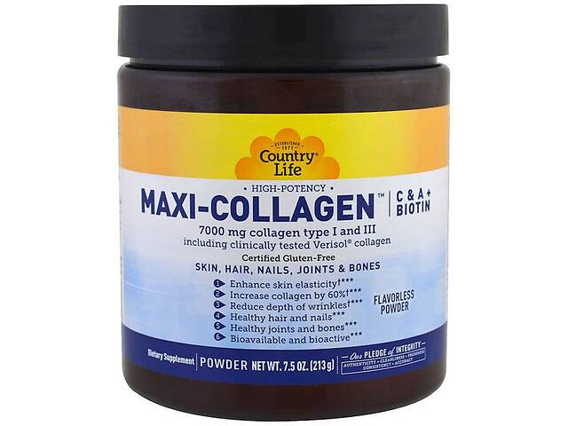 Комплекс для кожи, волос, ногтей Country Life Maxi-Collagen C & A plus Biotin High Potency Flavorless Powder 7.5 oz 2...