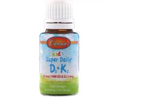 Комплекс Витамин D3+K2 Carlson Labs Kid's Super Daily D3+K2 25 mcg 1,000 IU & 22.5 mcg 0.34 fl oz 10,16 ml