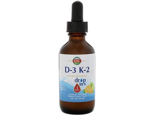 Комплекс Витамин D3+K2 KAL Vitamin D-3 K-2 Drop Ins, 2 fl oz 59 ml Natural Citrus Flavor CAL41369