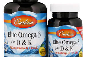 Омега 3 + витамин Д3 и витамин К Omega-3 Plus D & K Carlson Labs 60+30 гелевых капсул