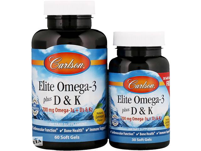 Омега 3 + витамин Д3 и витамин К Omega-3 Plus D & K Carlson Labs 60+30 гелевых капсул