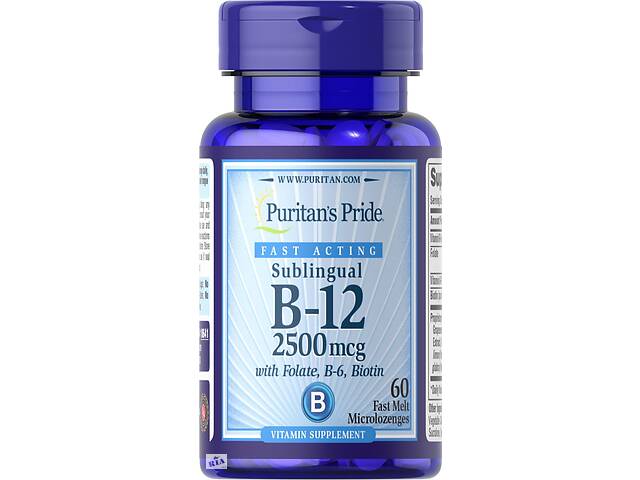 Витамин B-12 с фолиевой кислотой витамином B-6 и биотином Puritan's Pride сублингвальный 2500 мкг 60 микроледенцов