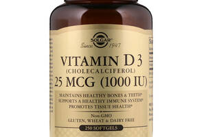 Витамин D3, 1000 IU, Solgar, 250 желатиновых капсул