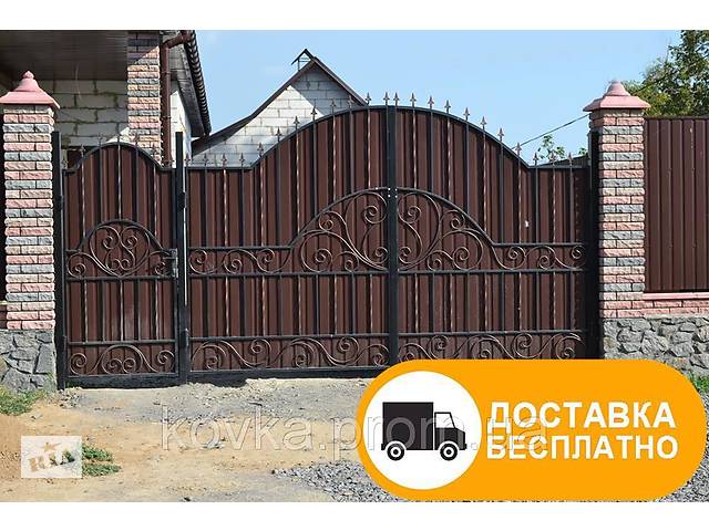 Кованые ворота с калиткой из профнастилом, код: Р-0157