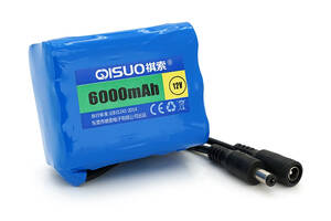 Аккумуляторная батарея литиевая QiSuo 12V 6A с элементами Li-ion 18650, DC5.5x2.1, (55x41x67mm)