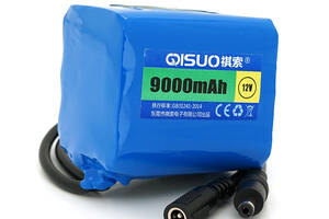 Аккумуляторная батарея литиевая QiSuo 12V 9A с элементами Li-ion 18650, DC5.5x2.1, (61x57x68mm)
