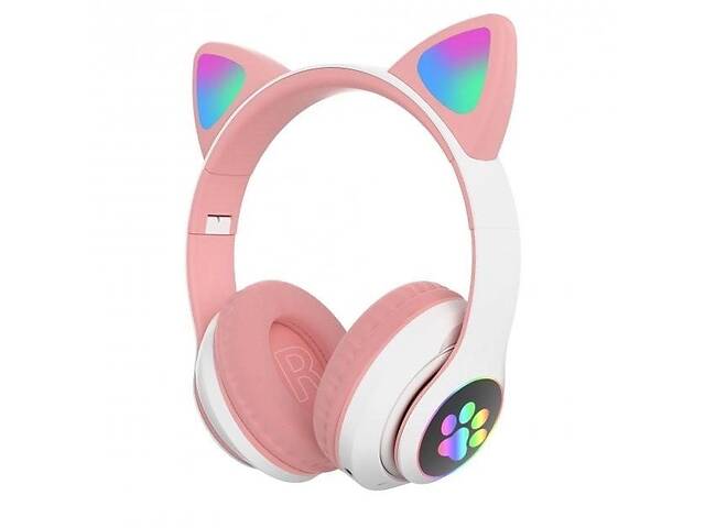 Беспроводные Bluetooth наушники Cat STN-28 Кошачьи ушки Гарнитура с микрофоном FM радио + AUX, подсветка Розов