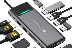 Док-станція USB C з потрійним дисплеєм, концентратор NOVOO 12 в 1, багатопортовий адаптер для монітора USB C, два